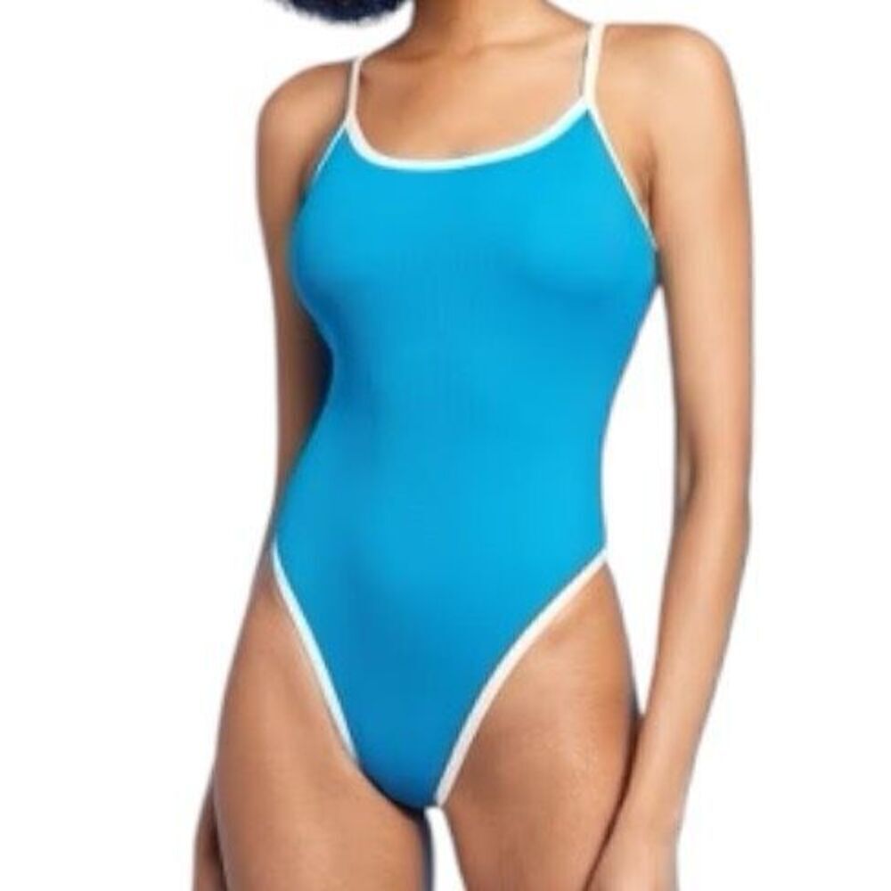 NEW Shade & Shore Blue Contrast‎ Binding Scoop One Piece Swimsuit L